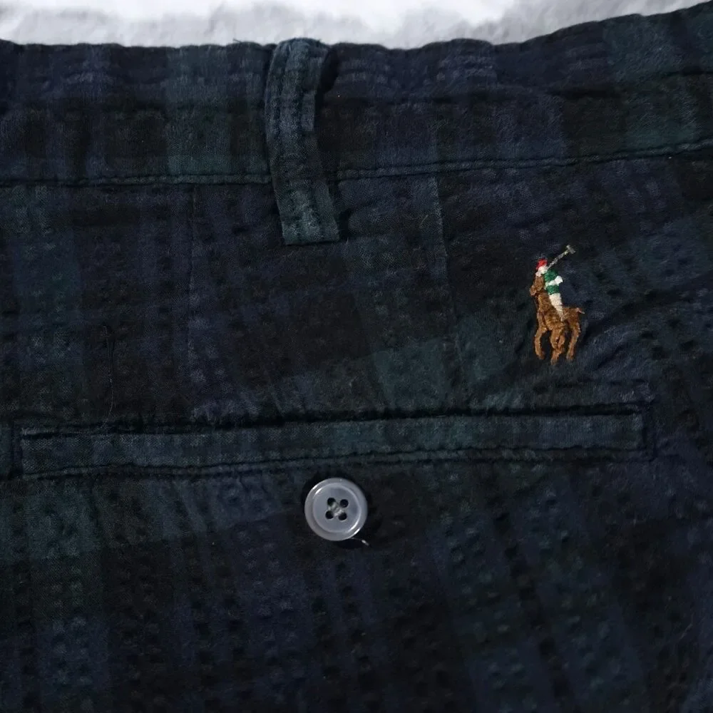 Polo Ralph Lauren Seersucker Blackwatch Plaid Shorts Navy Blue Green 40